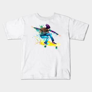 Skateboarder Watercolor Skate Skater Girl Skating Boarder Kids T-Shirt